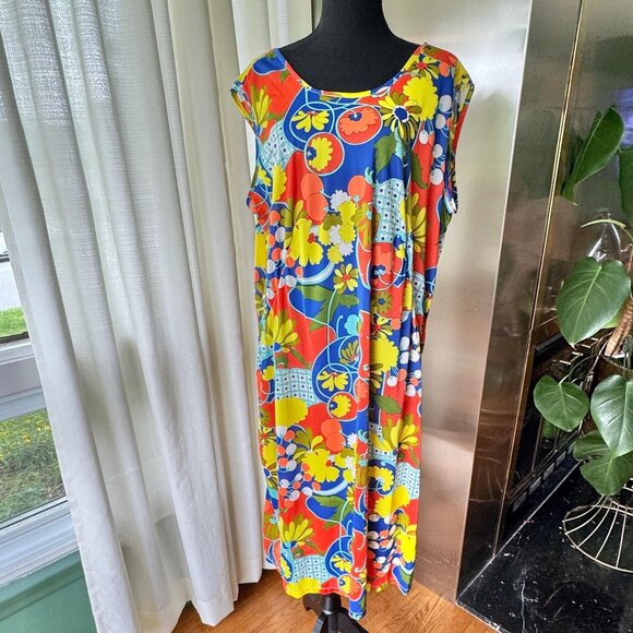 Vintage 1970s house dress, bold yellow green blue red print, sleeveless, maxi - Picture 1 of 10